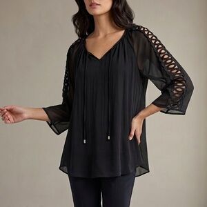 Zac & Rachel Lattice Sleeve Peasant Blouse Top Black M